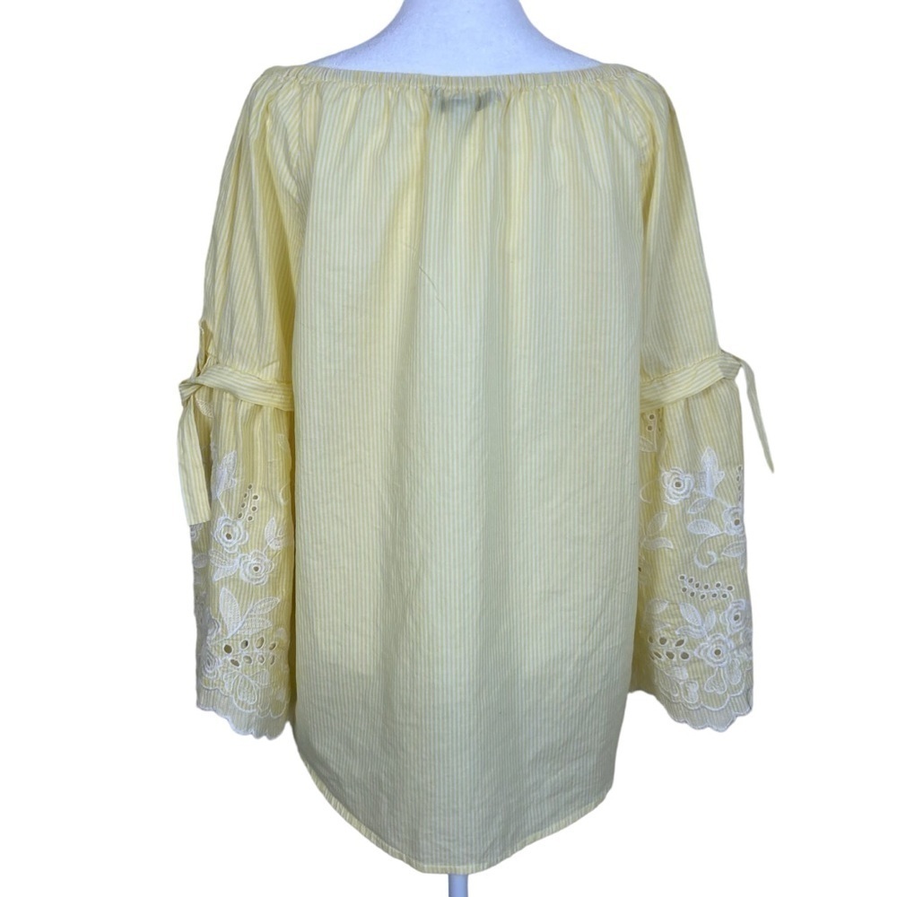 Fever Boho Peasant Blouse with Embroidered Bell Sleeves Yellow White Striped L - Picture 7 of 16